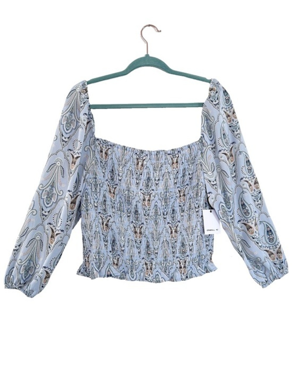 NEW! O’Neill Alice Smocked Xenon Blue Paisley Top Balloon Sleeves Boho Beach XL